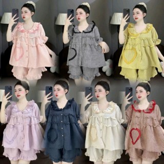 Đồ bộ nữ bigsize 60-80kg, bộ đùi mặc nhà áo babydoll tim bèo, cổ sen viền bèo dễ thương