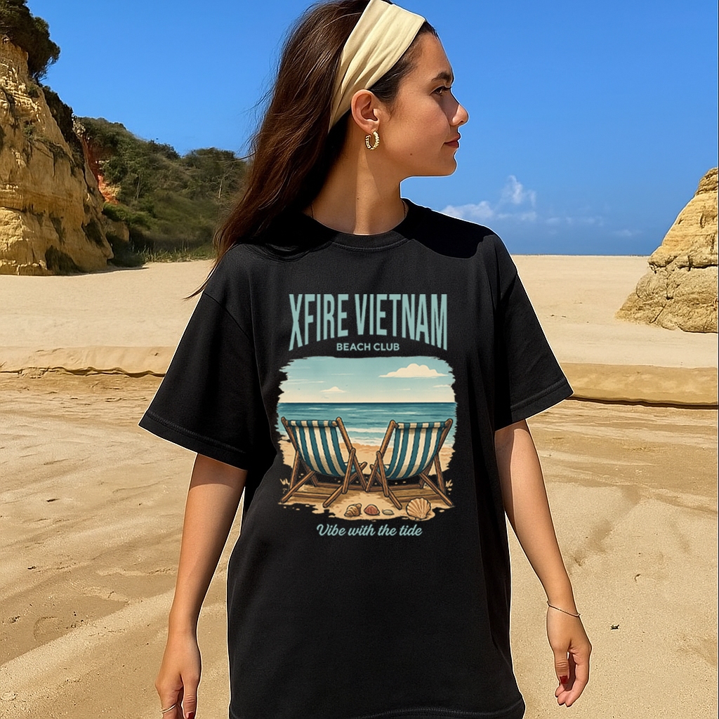 Áo Thun Unisex Xfire Vietnam Beach Club Form Rộng Mùa Hè In Hình Biển Chill. Cotton 100%, Oversized