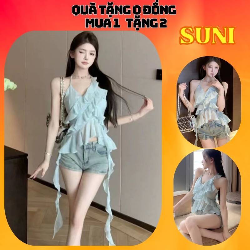 Áo quây croptop có mút tua rua Áo 2 dây nhún bèo Áo bra tôn dáng màu xanh xinh xắn thời trang đi chơi đi biển AT19