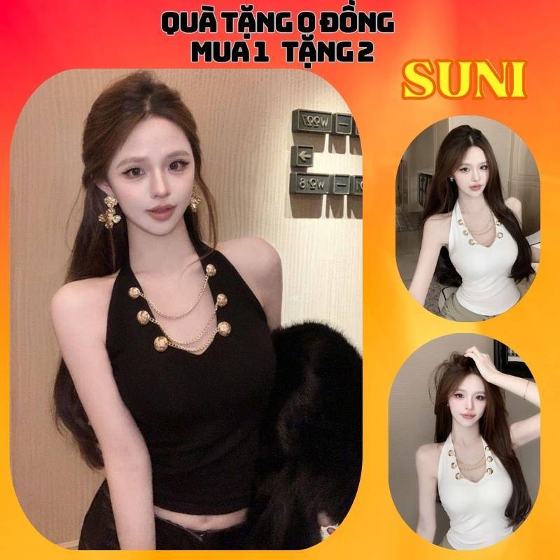 Áo croptop cổ yếm cho nữ áo sát nách áo quây hở lưng đính xích chất thun co dãn mềm có mút AT35