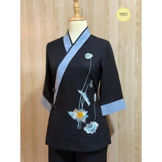 DL25 đen, chất đũi tơ tằm (Họa Y Pháp Phục) Đồ Lam Đi Chùa, Top Quần Áo Thời Trang Cho Phật Tử Nữ