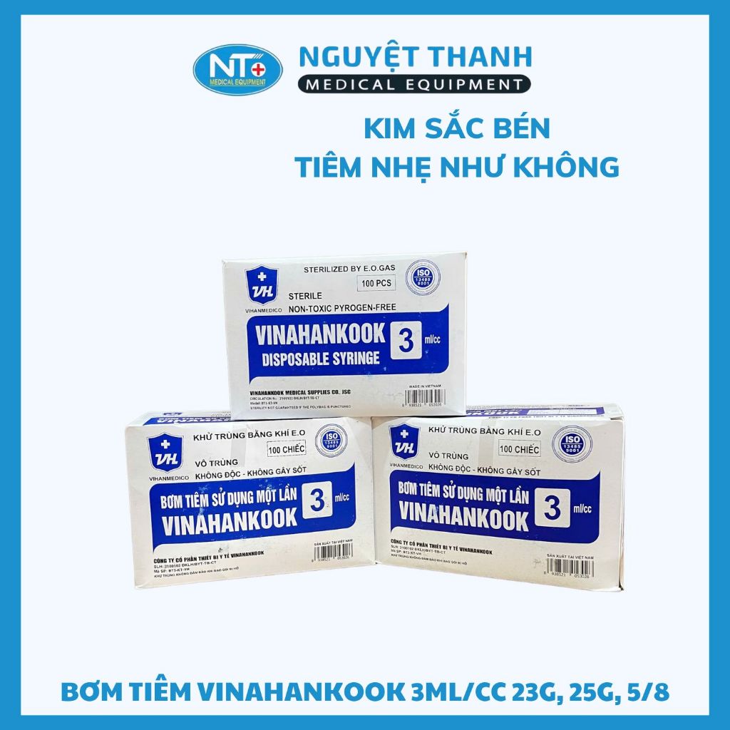 Bơm tiêm Vinahankook 3ml, kim 23G, 25G, 5/8, tiệt trùng bằng khí E.O, hộp 100 cái