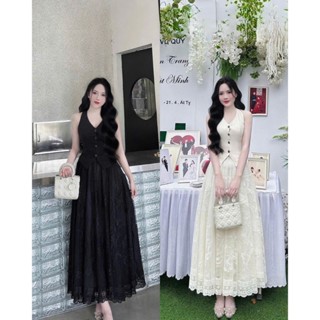  Set váy nữ áo gile cổ yếm cột dây chất mango phối chân váy ren thêu hoa dáng dài xòe 2 lớp thanh lịch sang chảnh 
