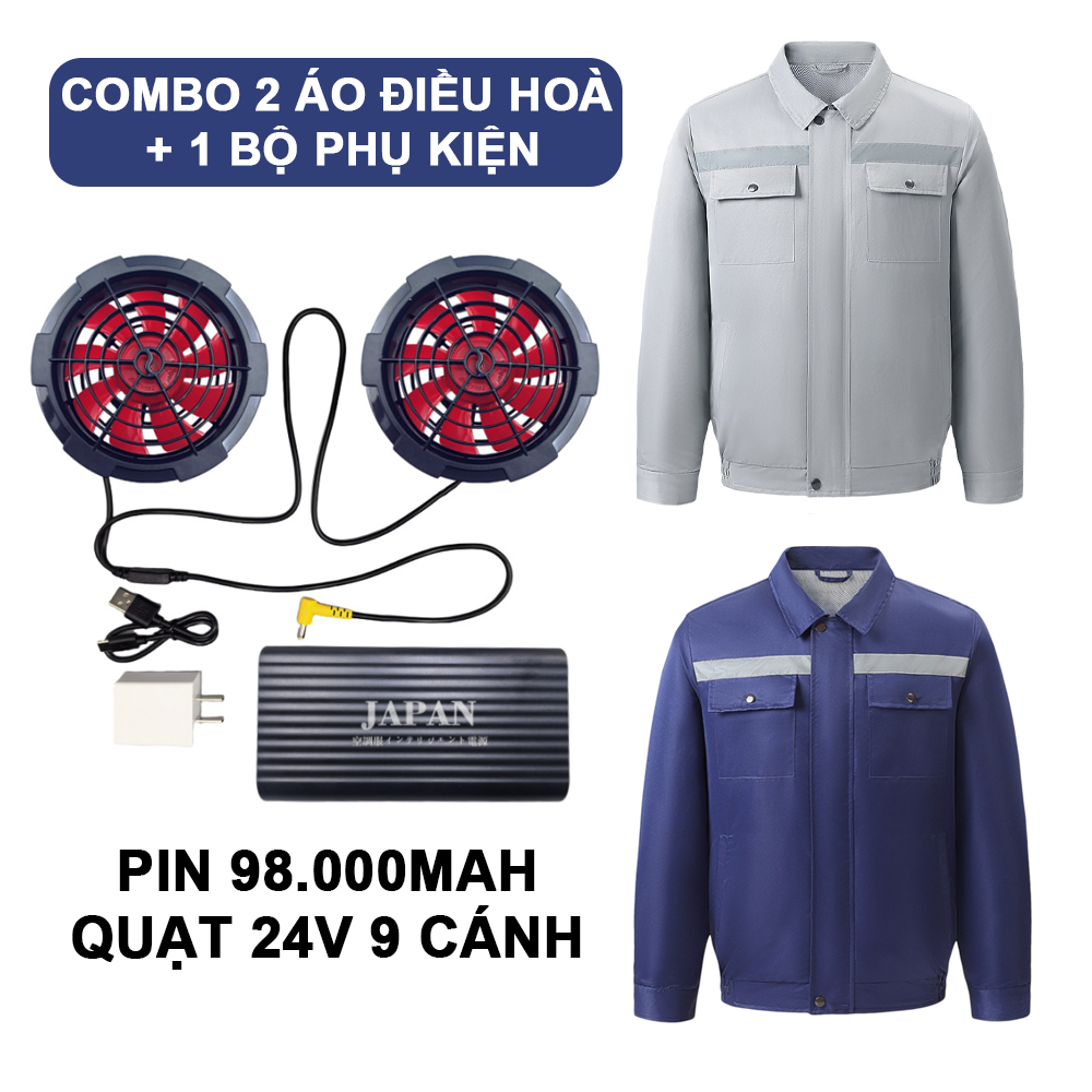 Combo 2 Áo + 1 Bộ Phụ Kiện Quạt Áo Điều Hoà Nhật Bản, Áo Kaki 2 Lớp, PIN 98.000mAh Chạy 15-17 Tiếng,