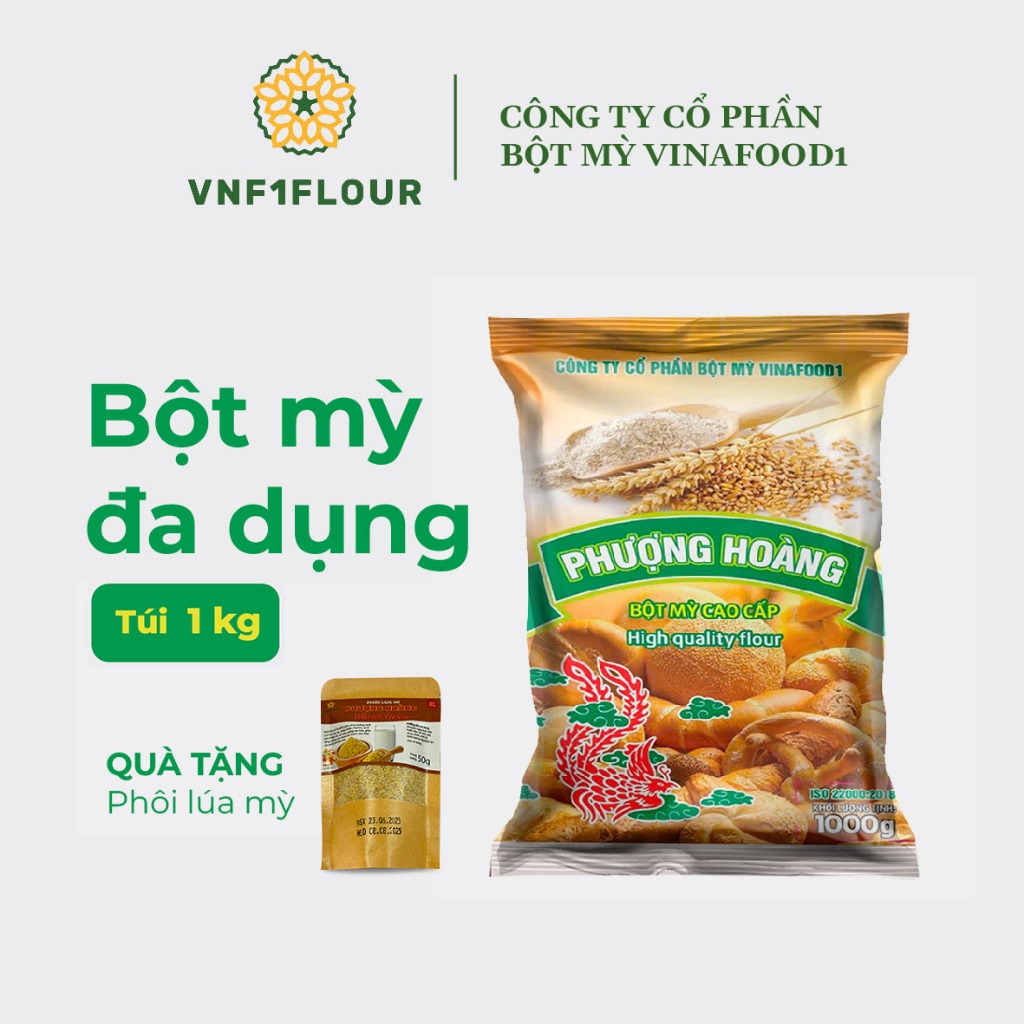 Bột mì đa dụng Phượng Hoàng, loại 1kg, tiêu chuẩn an toàn thực phẩm ISO 22000:2018