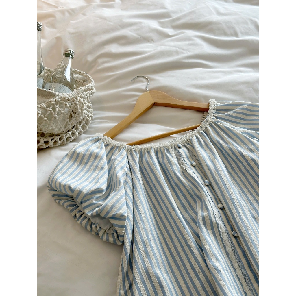 Áo babydoll kẻ sọc trễ vai phối ren cúc bọc ZINA TOP - DÀNH CHO NỮ | BigBuy360 - bigbuy360.vn