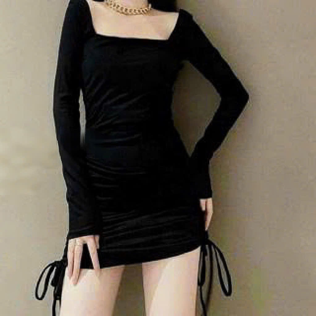 *Đầm BoDy rút dây 2 bên thời trang nữ mặc đi chơi chất liệu Umi cổ vuông tay dài ôm sát mini