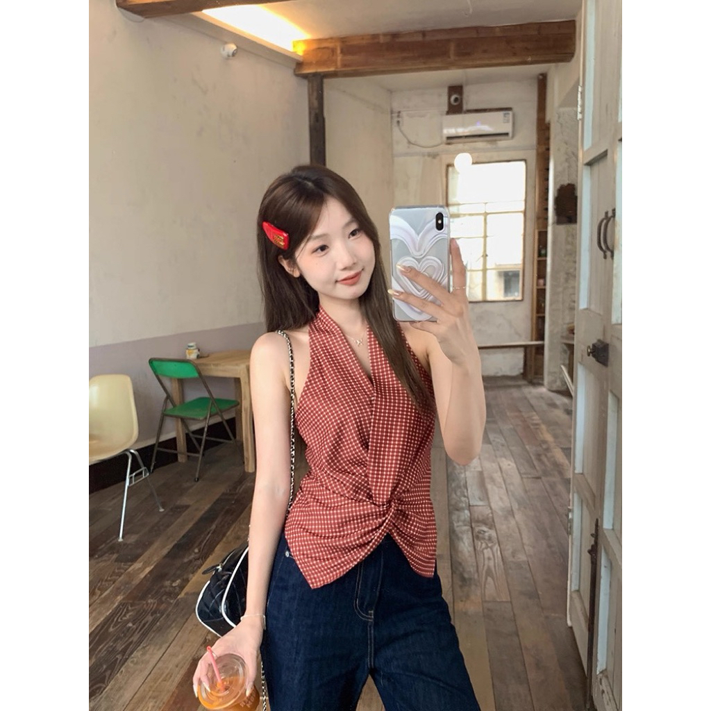 Áo yếm kẻ caro nhỏ, thiết kế thêm nhún eo ( AY110) | BigBuy360 - bigbuy360.vn