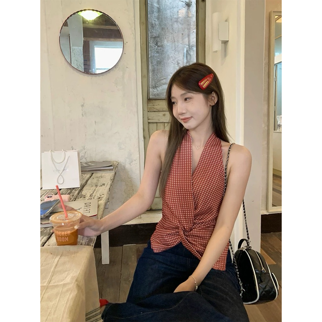 Áo yếm kẻ caro nhỏ, thiết kế thêm nhún eo ( AY110) | BigBuy360 - bigbuy360.vn