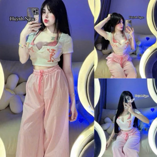 Set 3 Món Áo Bra 2 Dây Hoạ Tiết Mix Áo Thun Croptop Cổ U Kèm Quần Nỉ Suông Ống Rộng Dài Bộ Quần Dài - Thời Trang Nữ