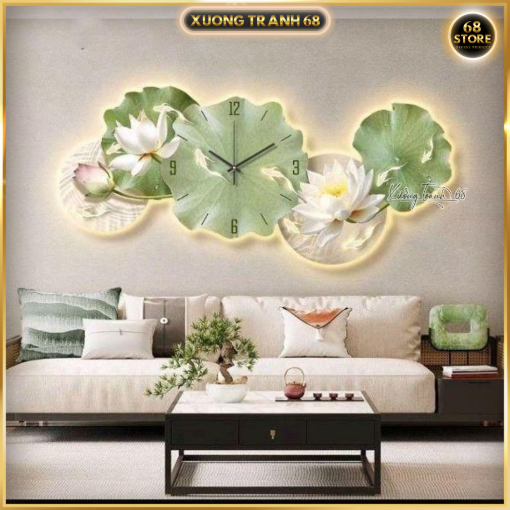 Tranh Đèn Led Đồng Hồ Hoa Sen Ngang Đứng, Decor Trang Trí Phòng Khách, Phòng Ngủ, Phòng Ăn Spa Nail