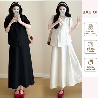 SET ĐẦM CỘC TAY MÙA HÈ GỒM ÁO SƠ MI VÀ CHÂN VÁY DÁNG SUÔNG CHO NÀNG BẦU CÔNG SỞ VÁY THỜI TRANG XINH FREESIZE X365