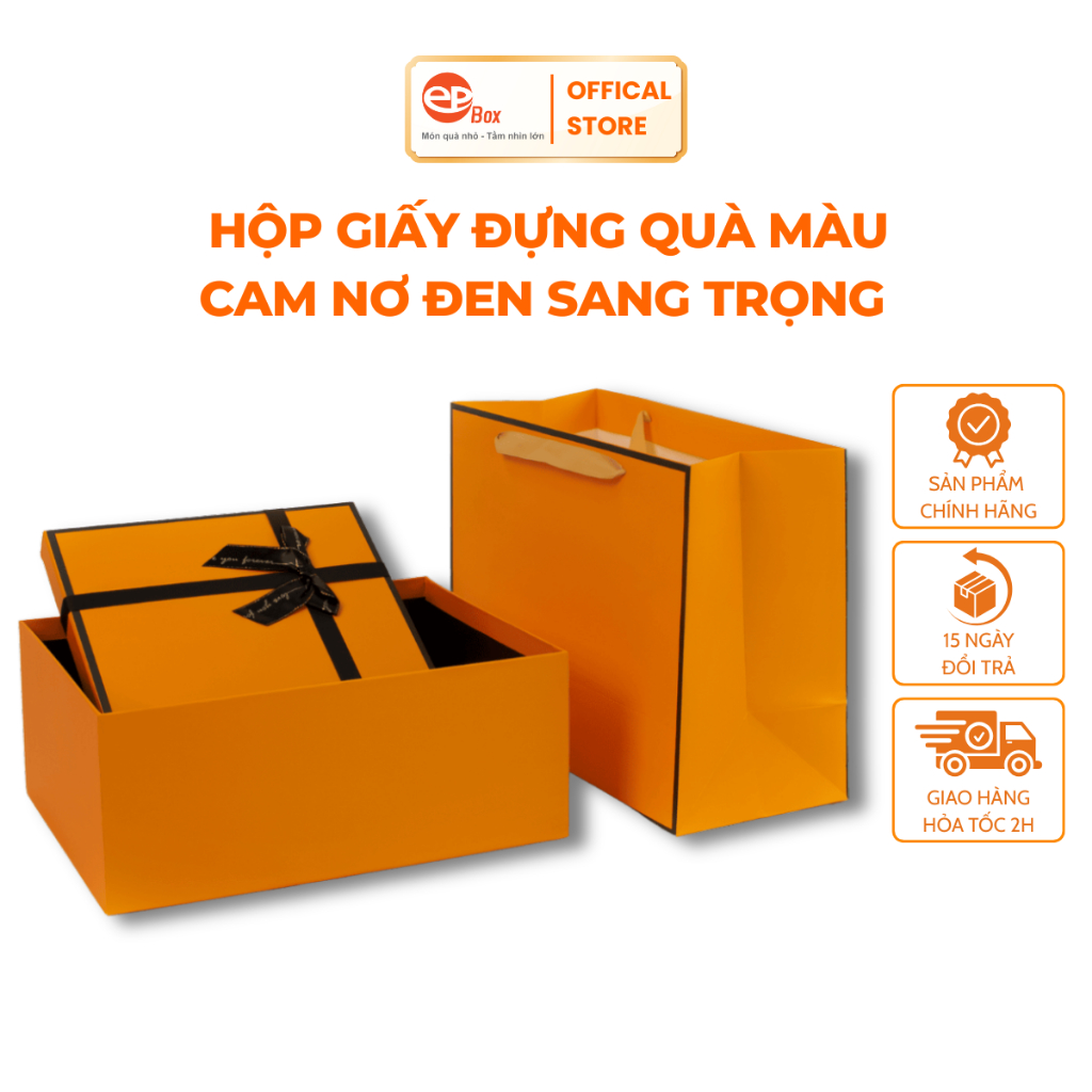 Hộp Quà Giấy Epvina Box, Hộp Gói Quà Nơ Đen Kèm Túi Phù Hợp Làm Hộp Quà Kỷ Niệm Sinh Nhật,Giáng Sinh