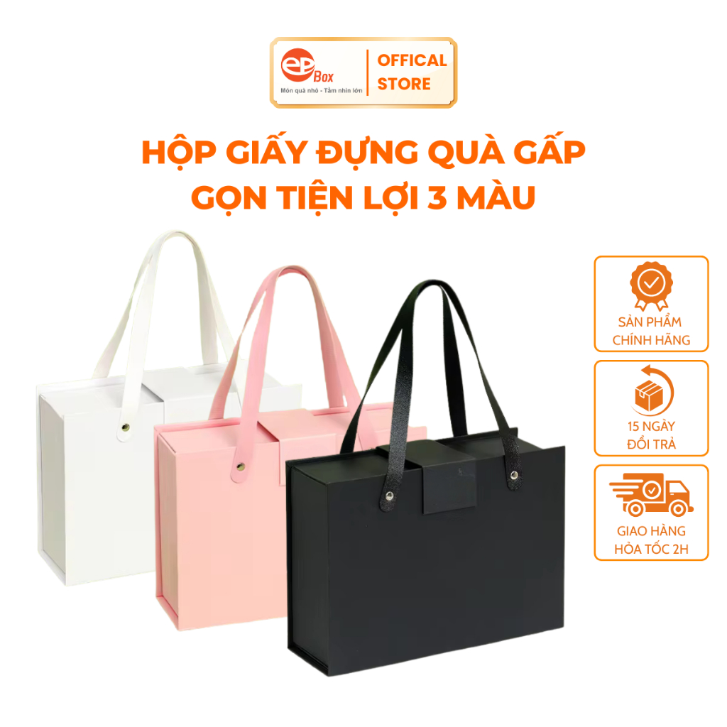 Hộp Quà Sinh Nhật Bằng Giấy Gấp Epvina Box, Hộp Gói Quà Quai Xách Cứng Cáp Đựng Quà Tiện Lợi 3 Màu