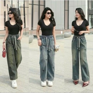 Quần Jean Nữ Ống Suông Thêu Nơ Cạp Chun Lưng Cao Trẻ Trung Năng Động, Vải Jean Thổ Dày Dặn Mềm Mịn