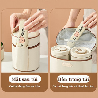 Hộp đựng cơm giữ nhiệt văn phòng lúa mạch Lunch box 4 tầng tặng kèm đũa thìa và túi đựng, Hộp cơm giữ nhiệt mang đi