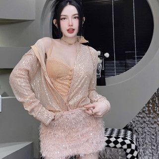 S765 (TÁO ĐỎ BIGSIZE 55-90KG) SET 3 MÓN THIẾT KẾ BIGSIZE ÁO KHOÁC KIM SA + BRA REN + CHÂN VÁY PHỐI LÔNG