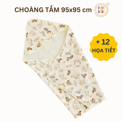 Khăn choàng cho bé có mũ kích thước lớn 95x95cm PETIT BEBE muslin 4 lớp làm khăn tắm cho bé