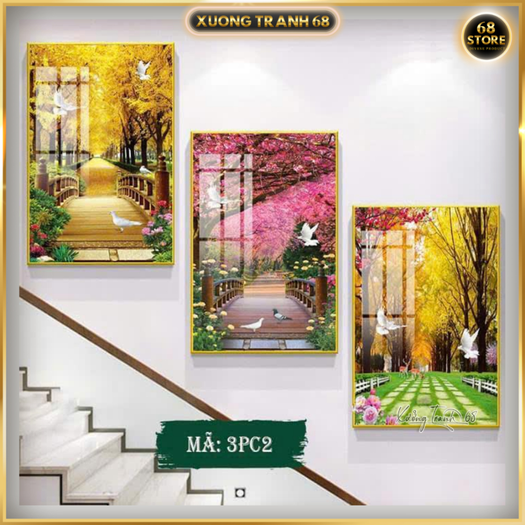 Tranh Bộ 3 Tráng Gương Treo Cầu Thang, Tranh Treo Tường Phòng Khách Decor Tường
