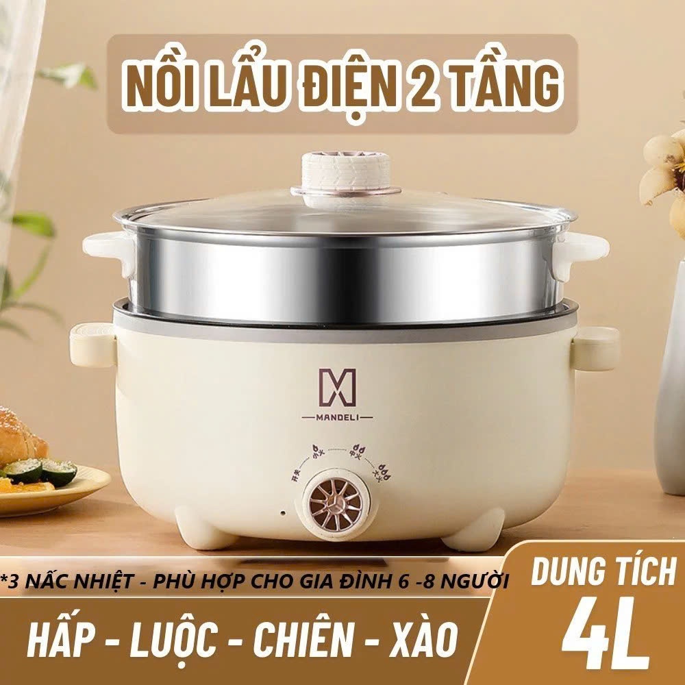 Nồi Lẩu Điện Mandeli Công Suất 1000W Dung Tích 4L, Kèm Xửng Hấp Inox 28CM…