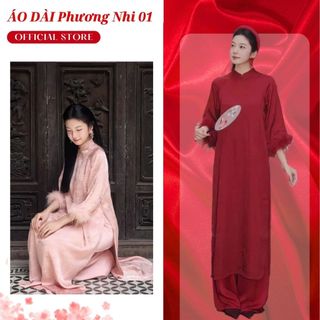 Áo Dài Cách Tân Dáng Xuông, Áo Dài Xuông Chất LIệu Gấm " Vân Sa " Tay Đính Lông Vũ - Áo Dài Phương Nhi