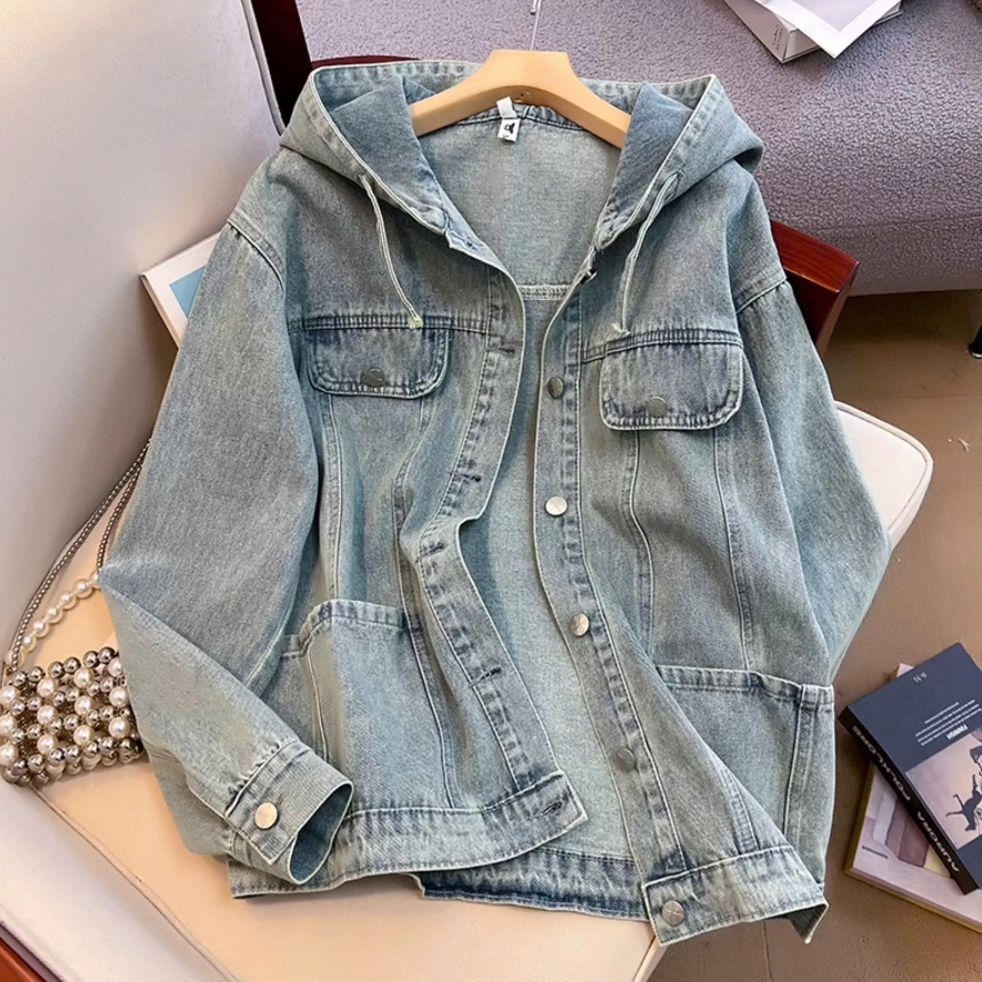 Áo khoác jeans denim nữ dáng rộng có mũ, áo khoác bò dài tay phong cách thời trang Hàn Quốc ED30 | BigBuy360 - bigbuy360.vn