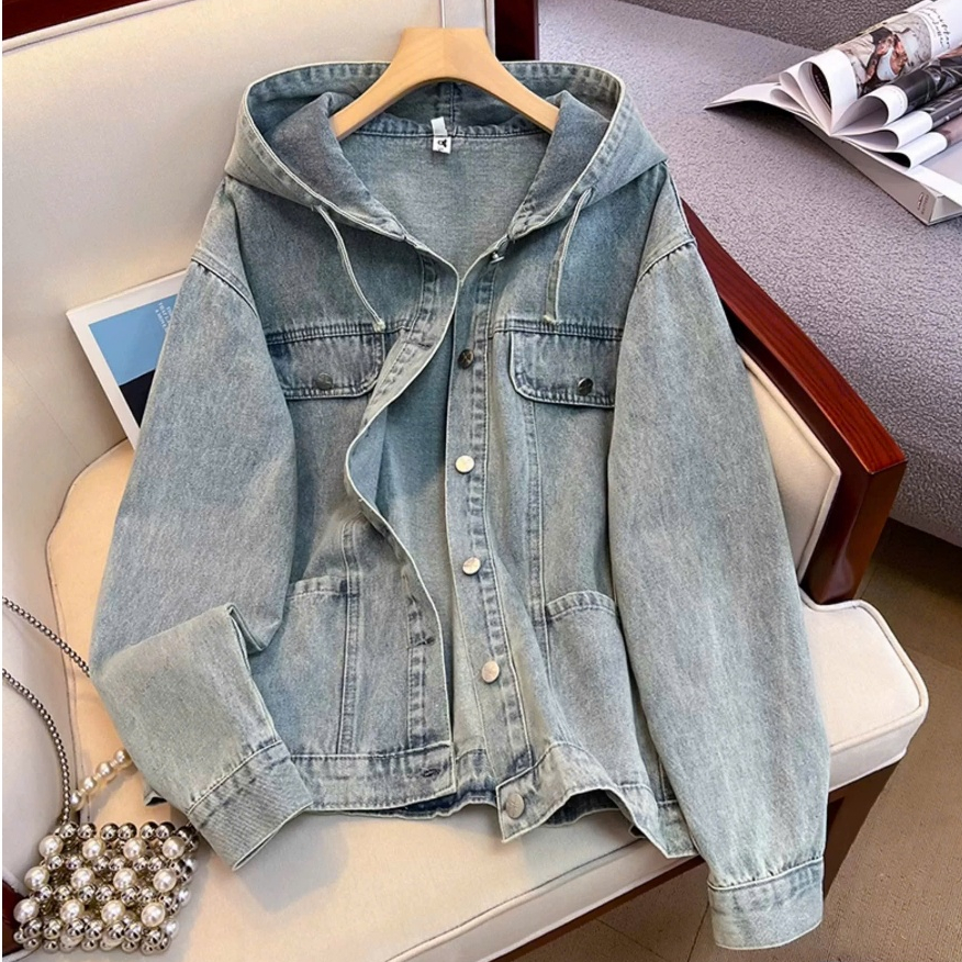 Áo khoác jeans denim nữ dáng rộng có mũ, áo khoác bò dài tay phong cách thời trang Hàn Quốc ED30 | BigBuy360 - bigbuy360.vn