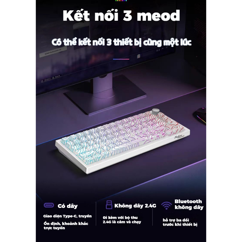 Bàn phím cơ không dây k81pro LED RGB HOTSWAP K81/87 phím kết nối 3 meod Có dây/ không dây 2.4G/Bluetooth Kết nối PC/iPad | BigBuy360 - bigbuy360.vn