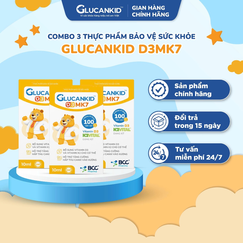 (Combo 3 tặng 1) TPBVSK Glucankid D3MK7 dạng xịt, hỗ trợ bổ sung Vitamin D3 K2, tăng cường hấp thu c