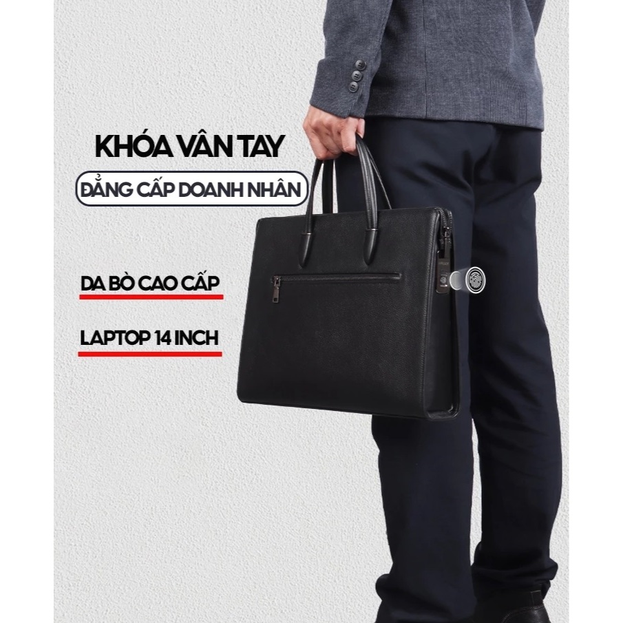 Cặp da bò công sở khóa vân tay cao cấp đựng giấy tờ A4, máy tính laptop 14 inch, chống nước trầy xước