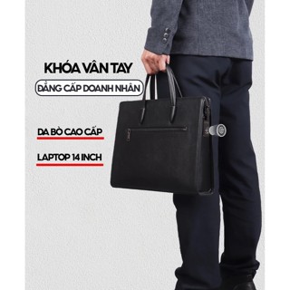 Cặp da bò công sở khóa vân tay cao cấp đựng giấy tờ A4, máy tính laptop 14 inch, chống nước trầy xước