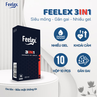 Bao cao su Feelex gân gai 3in1 kéo dài thời gian, gia tăng khoái cảm, siêu mỏng, hộp 10 bcs
