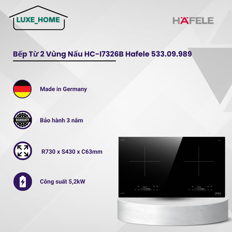 Bếp Từ 2 Vùng Nấu Hafele HC-I7326B 533.09.989 – Từ Đa Vùng Linh Hoạt – Cảnh Báo Nhiệt Dư – LUX
