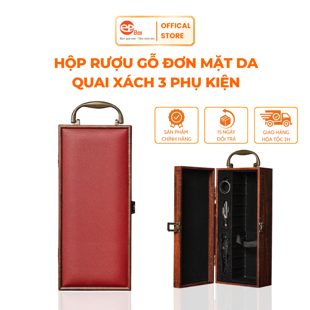 Hộp Đựng Rượu Gỗ Sơn Mài Epvina Box Mặt Da PU Màu Đỏ, Đựng 1 Chai 750ml