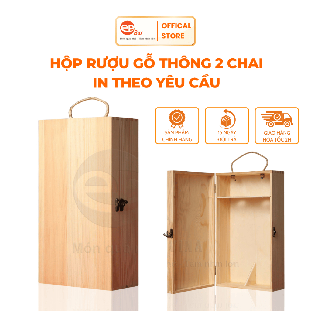 [In Theo YC] Hộp Gỗ Đôi Đựng Rượu Gỗ Thông Có Dây Thừng Quai Xách Chắc Chắn Epvina Box