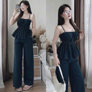 [Có Đệm Ngực]: Set Bò Giấy 2 Dây Peplum Xanh Đậm Mix Quần Suông Ống Đứng Basic, Thanh Lịch