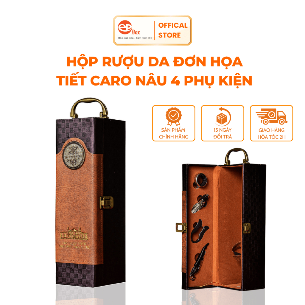 Hộp Rượu Vang Da Đơn Epvina Box Phối Caro Cao Cấp 2 Màu Nâu, Vàng 4 Phụ Kiện