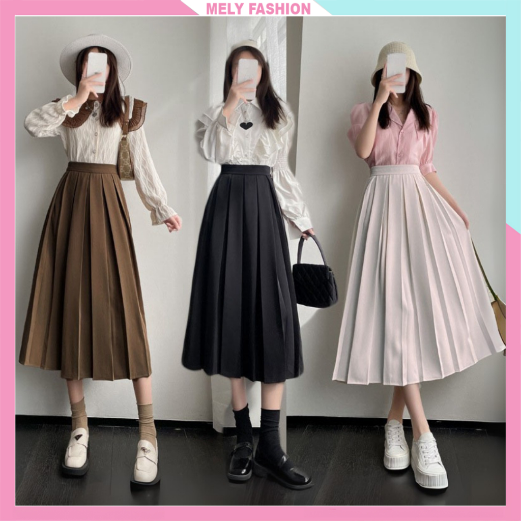 Chân váy xếp ly dáng dài xòe Mely Fashion cạp cao che bụng tôn dáng sang chảnh màu đen nâu be dễ phối đồ có bigsize CV40