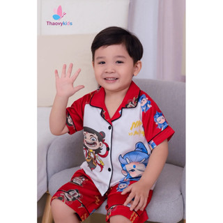 Bộ pijama trẻ em áo cộc, quần đùi vải lụa latin họa tiết natra | Đồ ngủ trẻ em cao cấp, mềm mát, mặc ở nhà