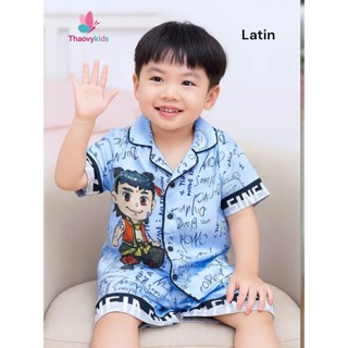 Bộ pijama trẻ em unisex áo cộc, quần đùi vải lụa latin họa tiết natra | Đồ ngủ trẻ em cao cấp, mềm mát, mặc ở nhà