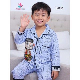 Bộ pijama trẻ em unisex áo dài, quần dài vải lụa latin họa tiết natra chữ | Đồ ngủ trẻ em cao cấp, mềm mát, mặc ở nhà