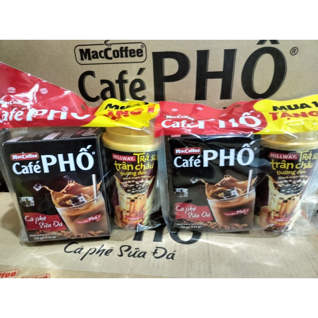combo 2 MacCoffee Hộp cà phê sữa đá 10 gói x 24g tặng ly trà sữa trân châu đường đen Hillway.