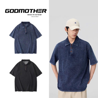 Áo Polo Denim GODMOTHER Áo Thun Cổ Bẻ Denim Thiết Kế Trơn Phối Khuy Phong Cách Tối Giản Mát Mẻ