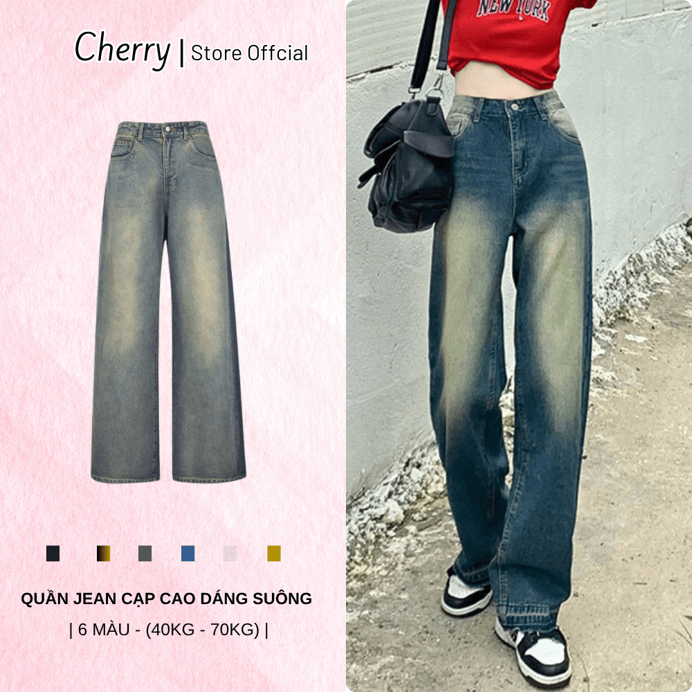 Quần jean nữ ống rộng cạp cao CHERRY quần bò nữ ống rộng lưng cao dáng baggy suông kiểu T008-5