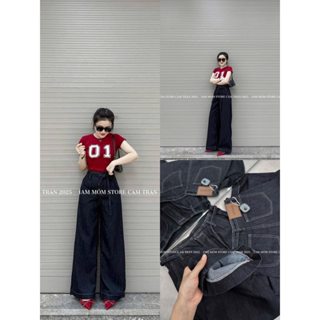 Quần Bò Jeans Nữ Ống Rộng, Quần Bò Denim Suông Ống Rộng Màu Xanh Đậm Than Kèm Dây Bản Cạp Cao Siêu Hách Dáng Cực Đỉnh