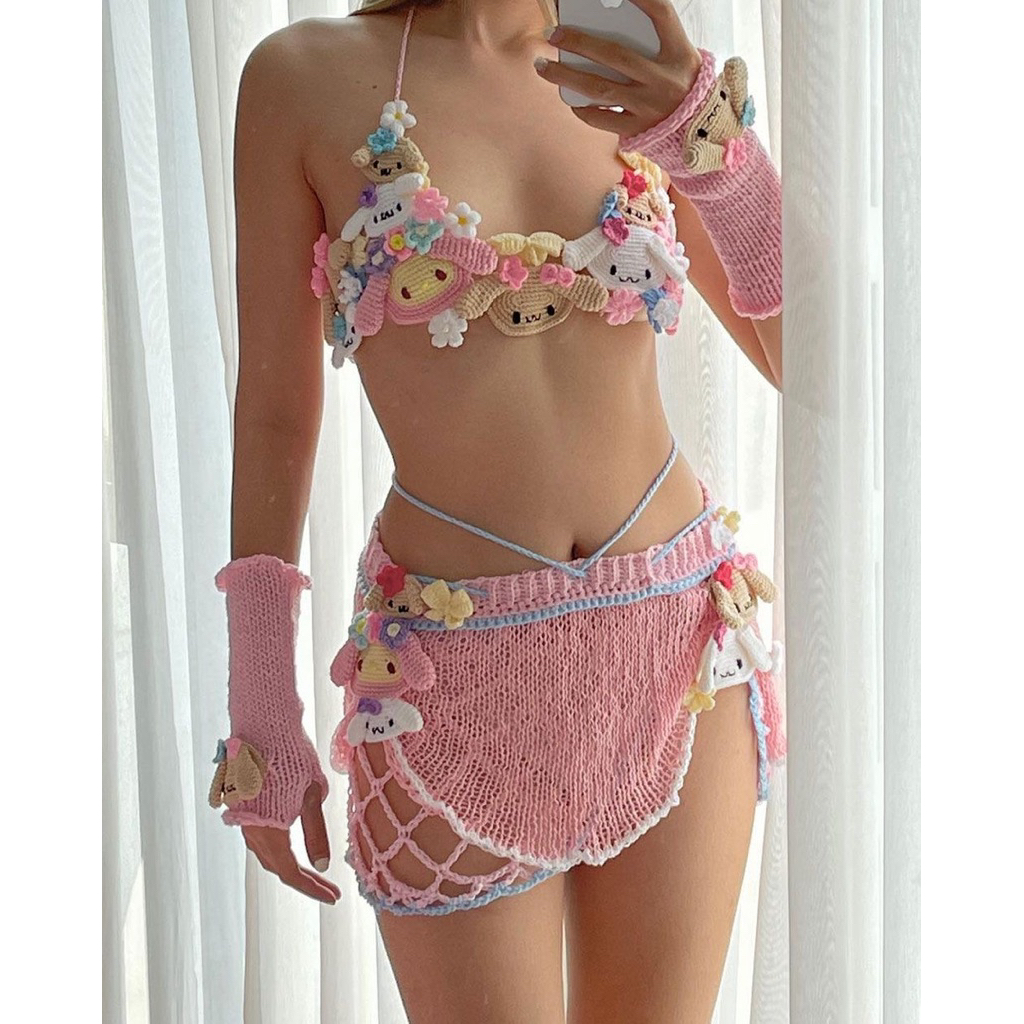 (có tách lẻ) Set Bikini Len Crochet Handmade Kitty & Kuromi – Outfit Chụp Ảnh Y2K Cute