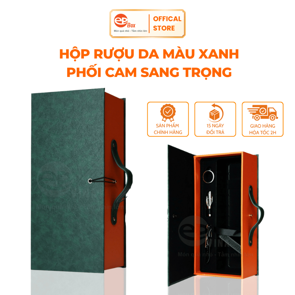 Hộp Đựng Rượu Vang Da Epvina Box Màu Xanh Rêu Loang Đựng 1,2 Chai Vang 750ml
