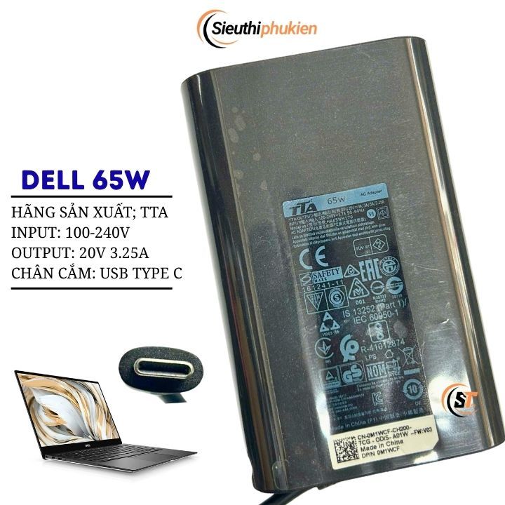 Sạc laptop Dell 20v 3.25a 65W chân USB type C - bảo hành 1 năm - FULL VAT, sạc Dell 65W Chân Type C