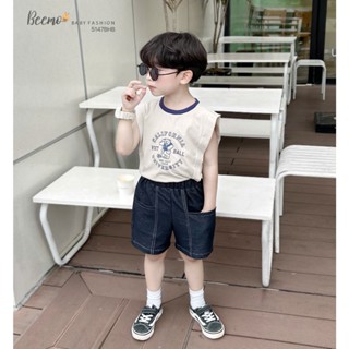 Set bộ ba lỗ Beemo phối tay in hình gấu vải cotton co giãn mix quần da cá cho bé trai từ 9-24kg 5147BHB