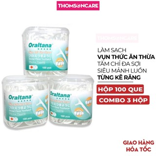 Tăm chỉ nha khoa Oraltana Tanaphar, Combo 3 Hộp loại 100 que chỉ đa sợi siêu mảnh chăm sóc răng miệng, làm sạch mảng bám
